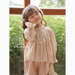 2024 Spring and Autumn Childrens Clothing Girls Court Style Shirt New Children's French Childrens Floral Fashion Doll Shirt