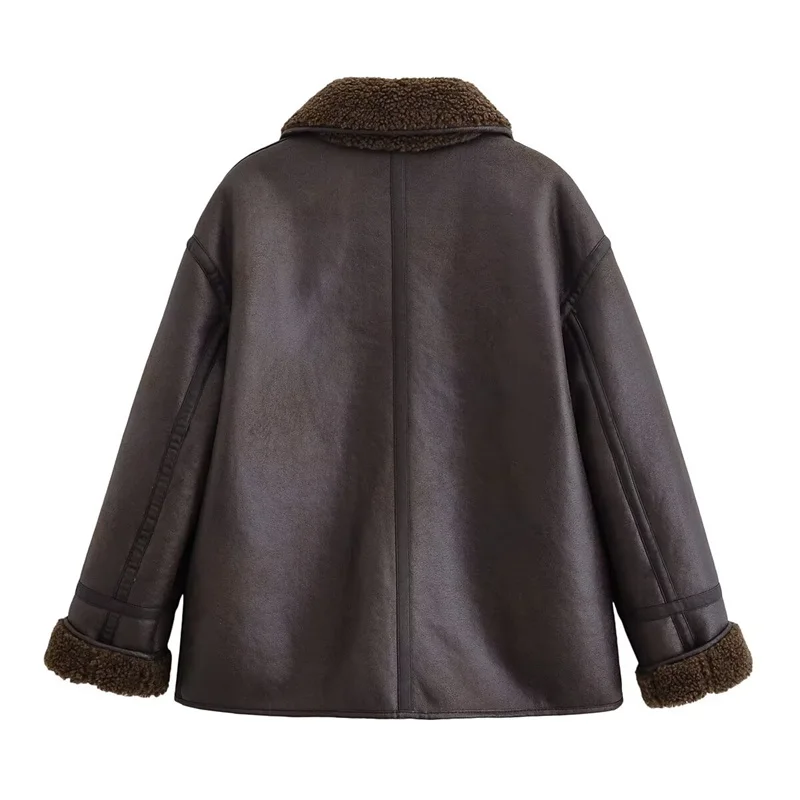 سترة نسائية 2025 خريف/شتاء جديد بني عميق كم طويل فو شيرلينغ عكسها معطف دافئ عصري وأنيق