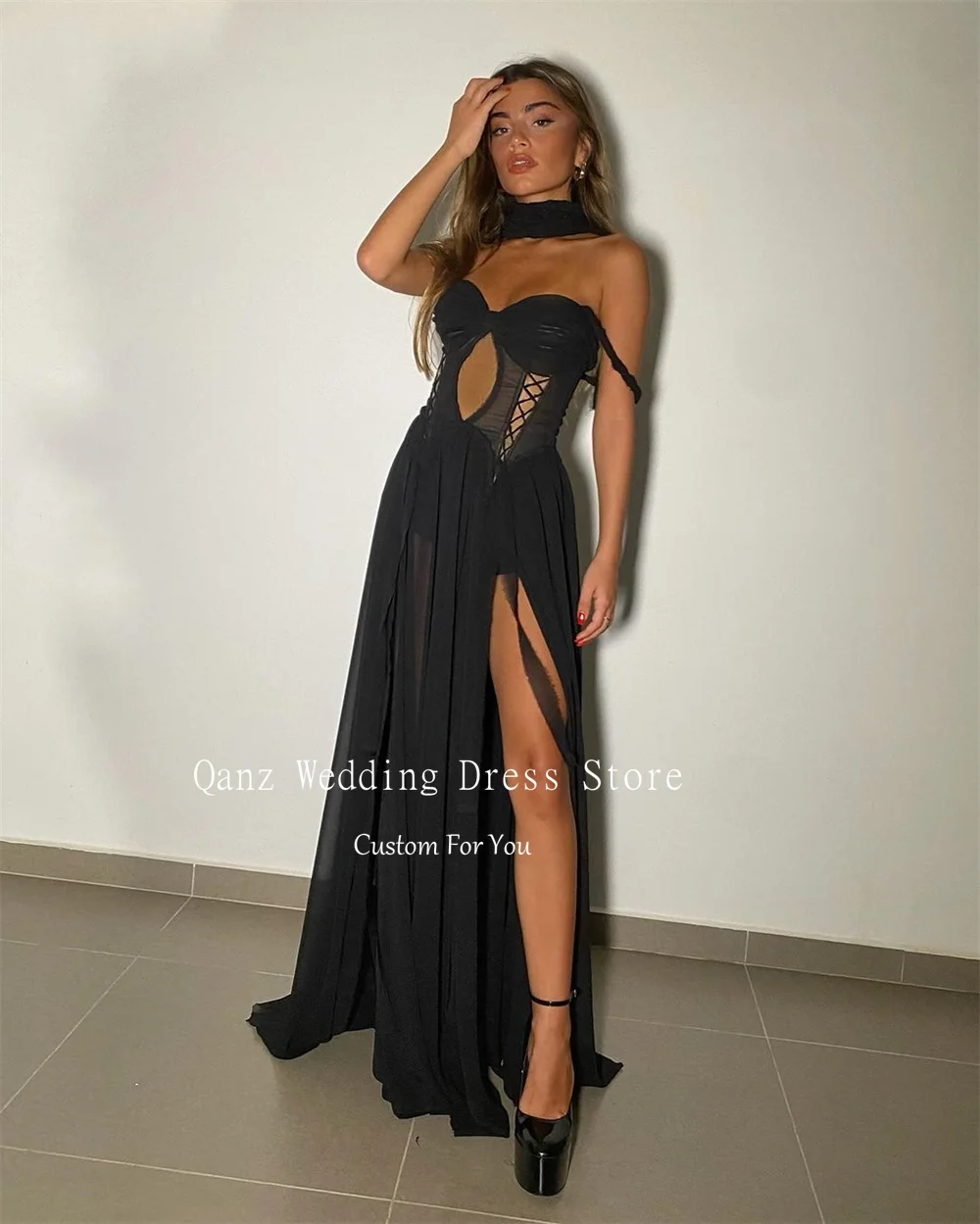 Qanz Sexy Long Evening Dresses Black Chiffon Off the Shoulder High Slit Lace Up Back Party Gown Customized Vestido De Noche