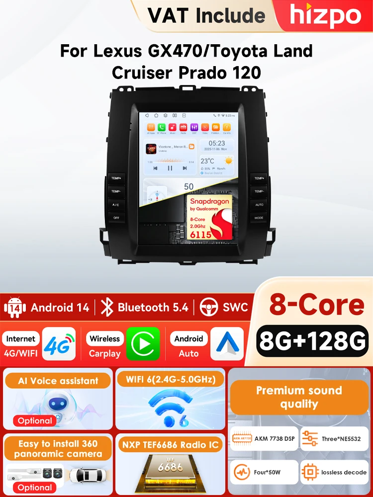 Hizpo Autoradio voor Toyota Land Cruiser Prado 120 2002-2009 Lexus GX470 Audio Multimedia Speler CarPlay Android Auto Bluetooth - afbeelding 2