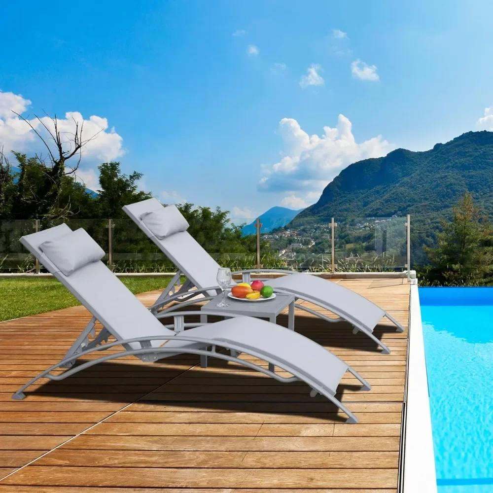 Juego de 3 sillas de salón para piscina, chaise lounge ajustable de aluminio para exteriores con mesa auxiliar, sillas junto a la piscina para todo tipo de clima para terraza