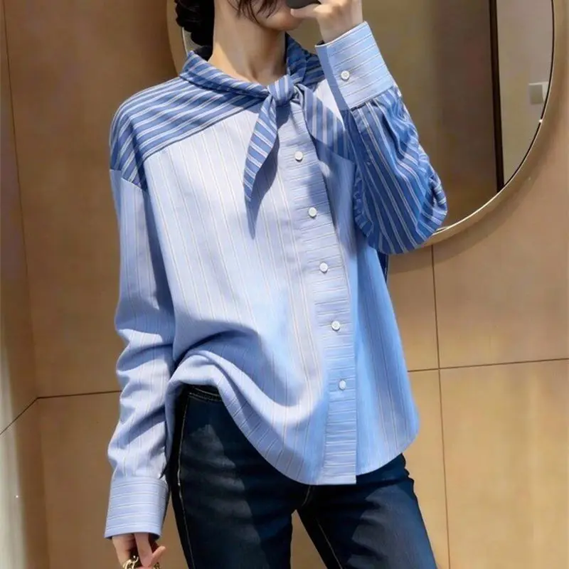 

Women's Blue Striped Tie Neck Button Down Shirt - Casual Long Sleeve Blouse Chic Elegant French Style Office Lady Spring Blouse