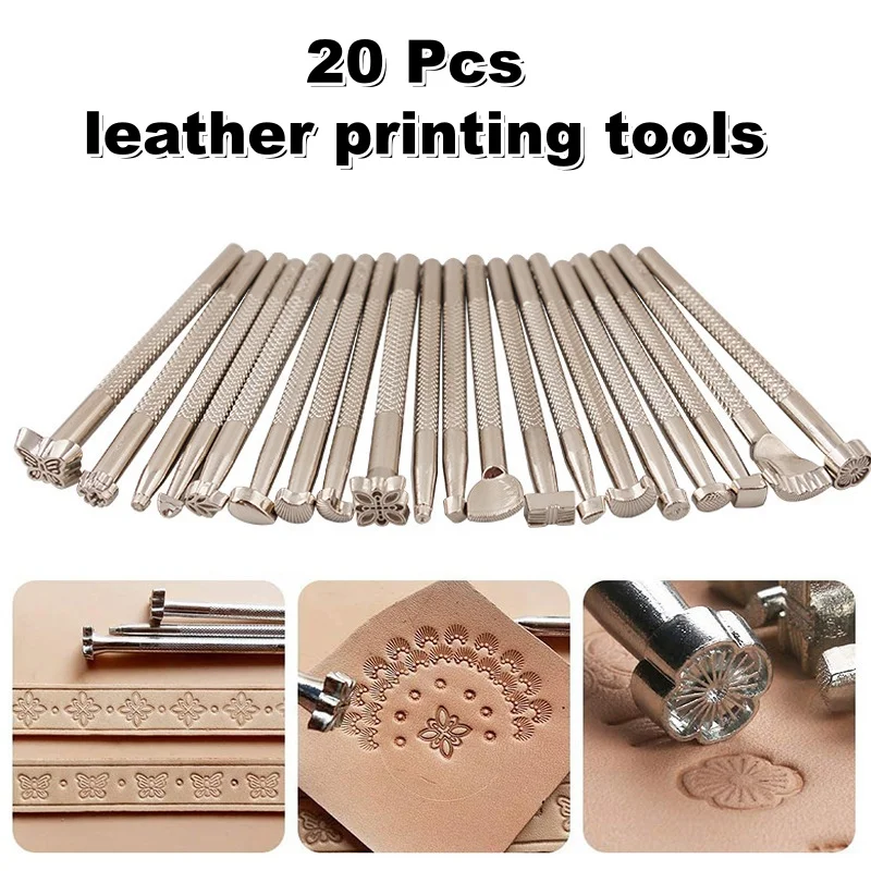 20Pcs Leather Stamping Tools Leather Working Saddle Making Stamps Tool Carving Printing Tools DIY Hand Sewing Set