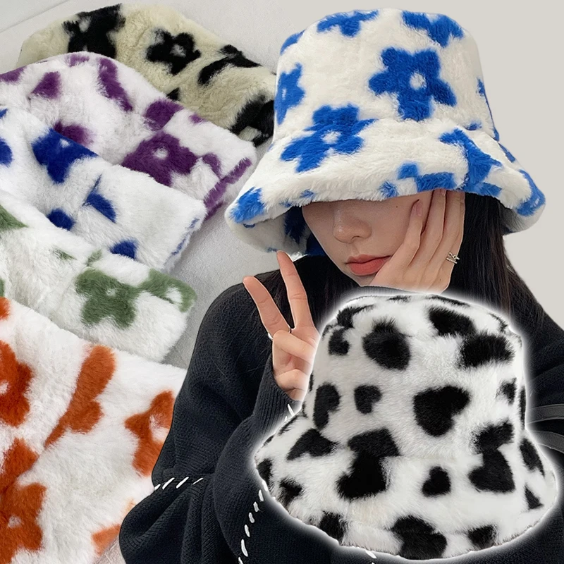 Women Flower Print Plush Bucket Hats Winter Outdoor Keep Warm Hat Ear Protection Fisherman Cap Soft Velvet Furry Panama Caps