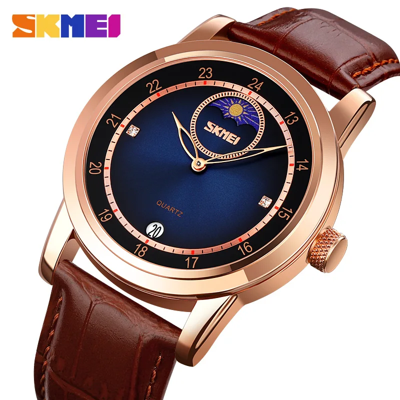 SKMEI Male reloj hombre Top Brand Moon Phase Watches Mens Casual Genuine Leather Strap Time Date Quartz Wristwatches Clock Hour