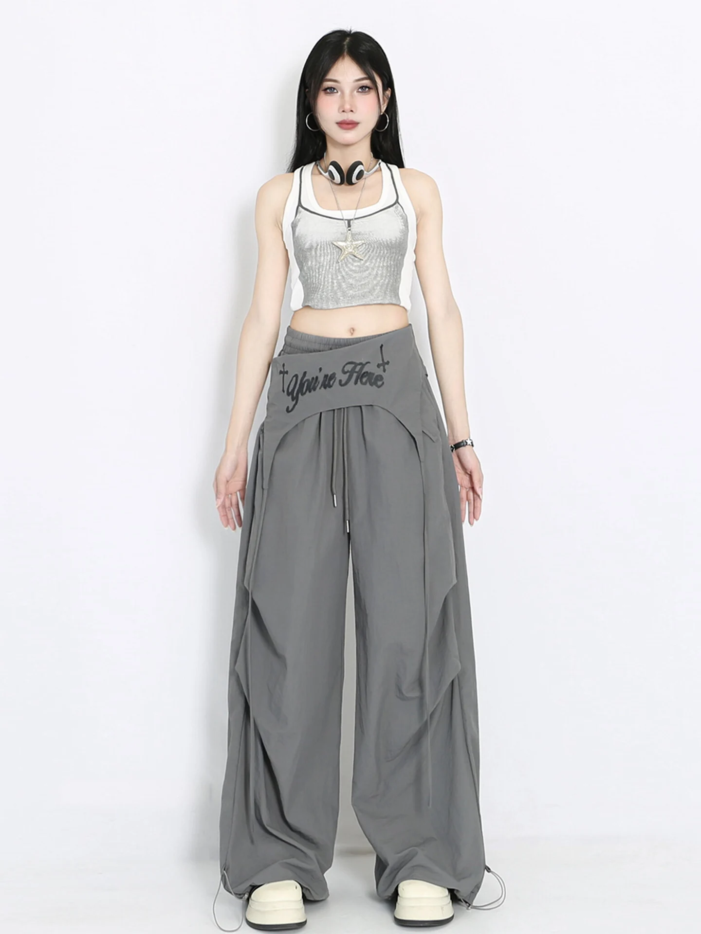 Americano retro high street calças de perna larga feminina solta rugas casual jazz dança calças camadas roupas calças compridas