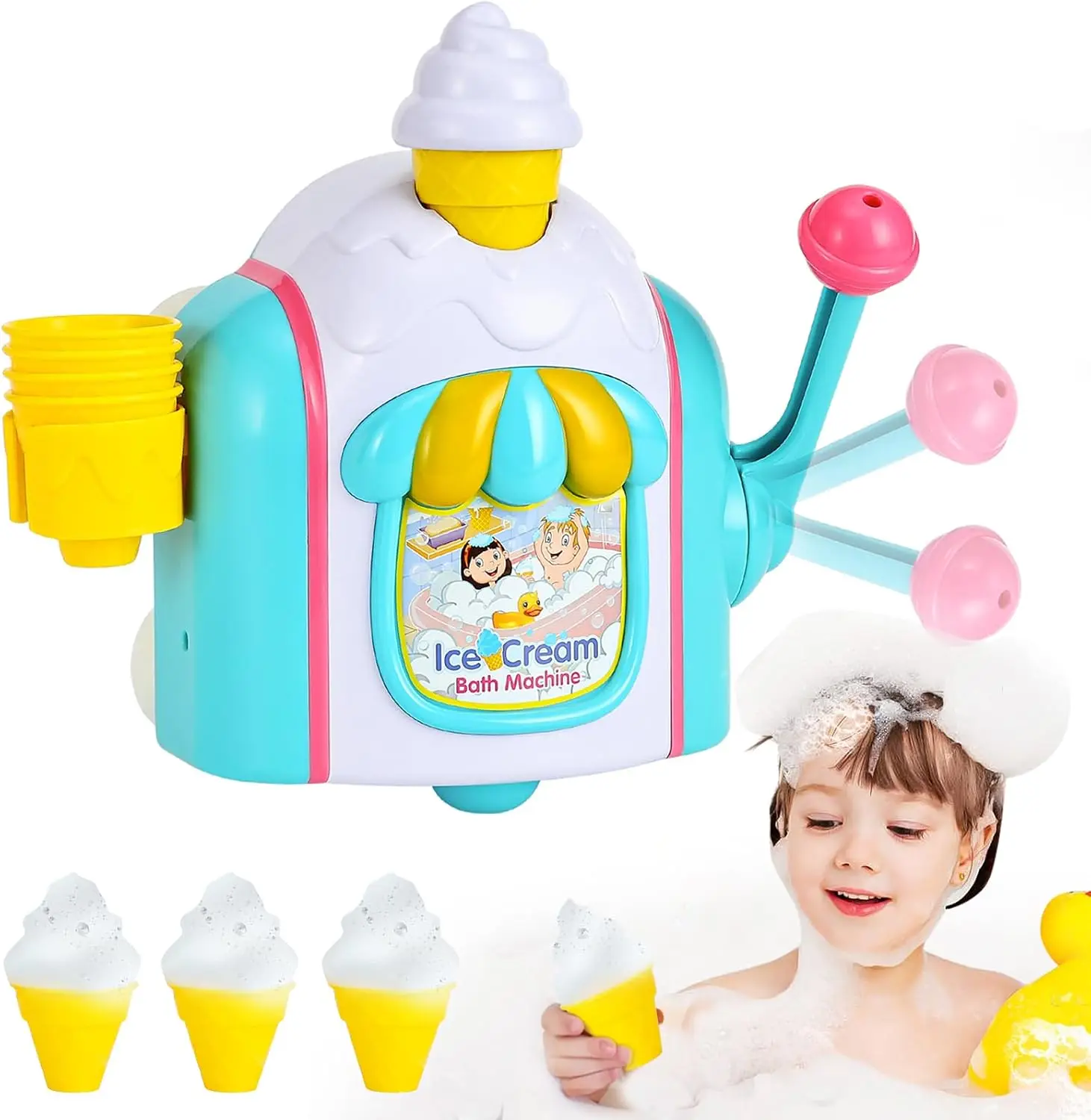 Jouets de bain pour tout-petits de 3 à 5 ans, machine à crème glacée, jouet de baignoire avec boutons à pression, machine à bulles, gâteau de simulation, ne tombe pas