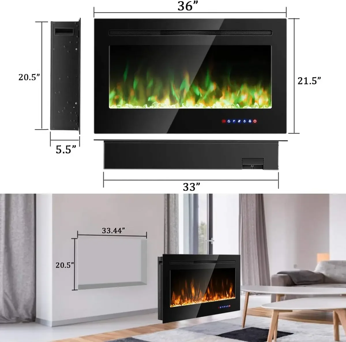 COSTWAY 36-calowy kominek elektryczny, 750 W/1500 W do montażu na ścianie wkładka kominkowa z pilotem, 9 płomieni