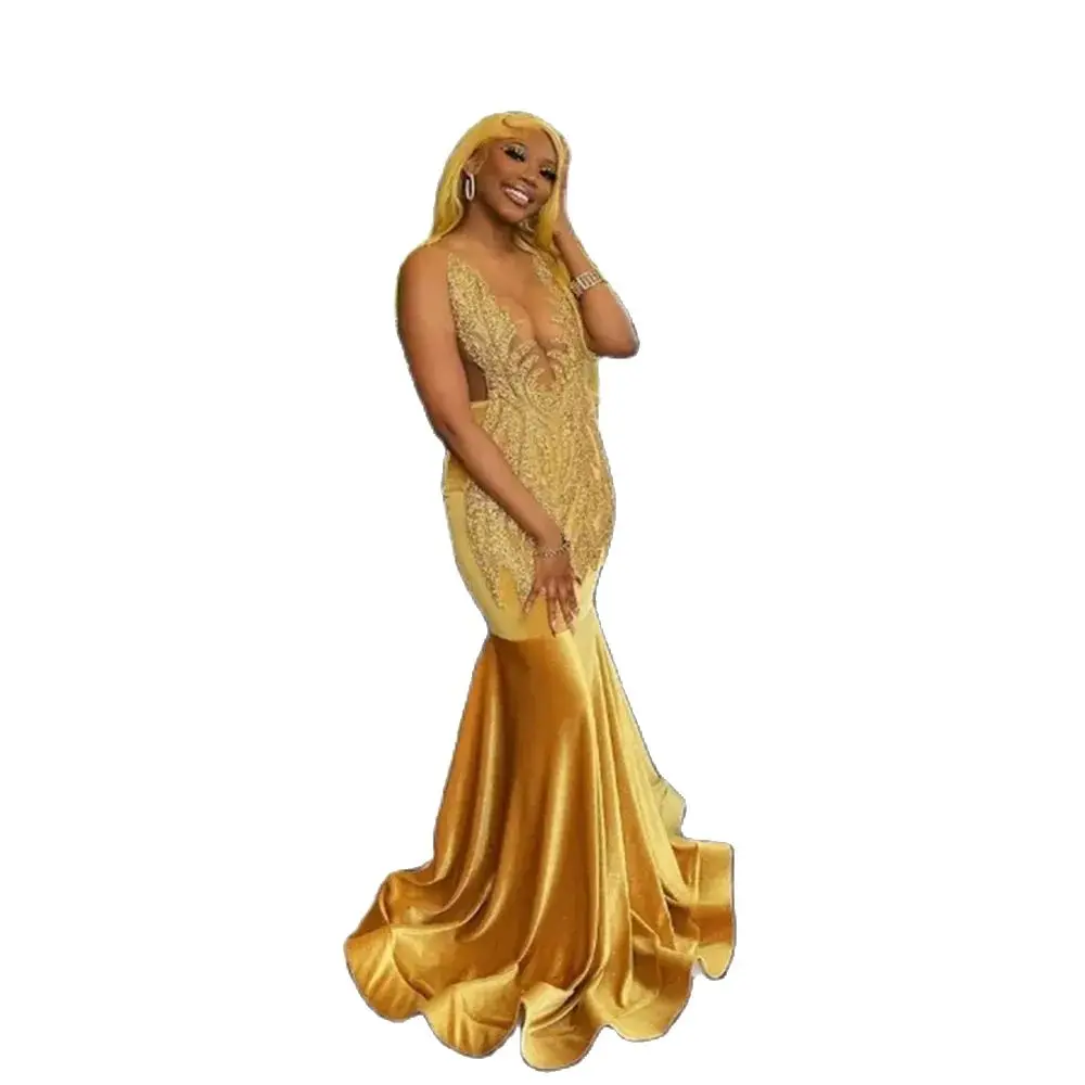 Lujoso vestido de fiesta de sirena dorado Glitz para niñas, traje de noche de terciopelo con cuentas, color negro, 2024