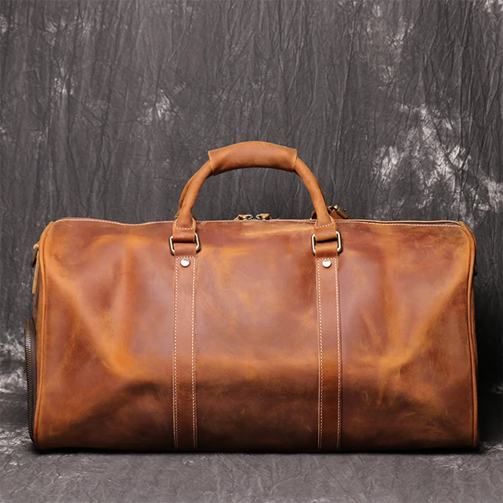 LUOKIR High Quality Men's Travel Bag Genuine Leather Luxury Luggage Bag Crazy Horse Leather Duffle Bag Vintage Business Handbag