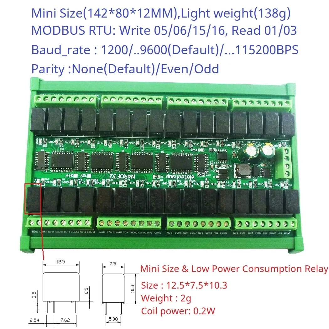 

DC 12V 24V Mini Size 32CH RS485 Relay Modbus Rtu PLC IO Expansion Module 2A Low Power Intermediate Relay Output Board DIN Rail