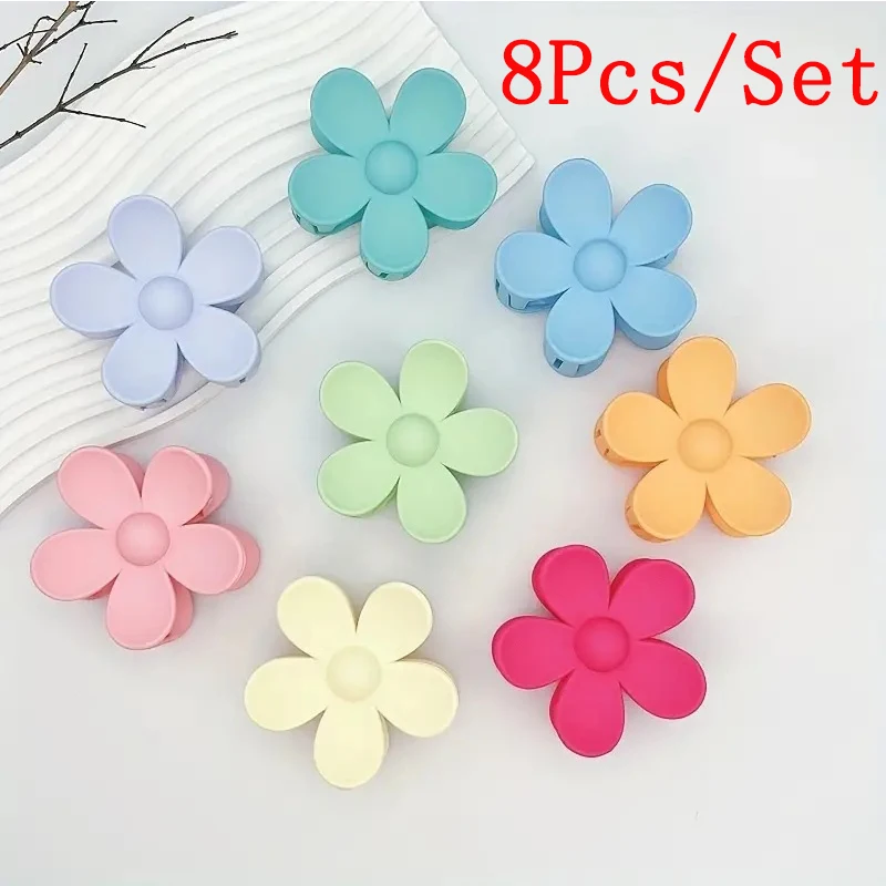 8Pcs / Set of Women's Large Flower Claw Clips Frosted Small Hair Clip Macaron Color Flower Clip Neutral Color Hair Accessories