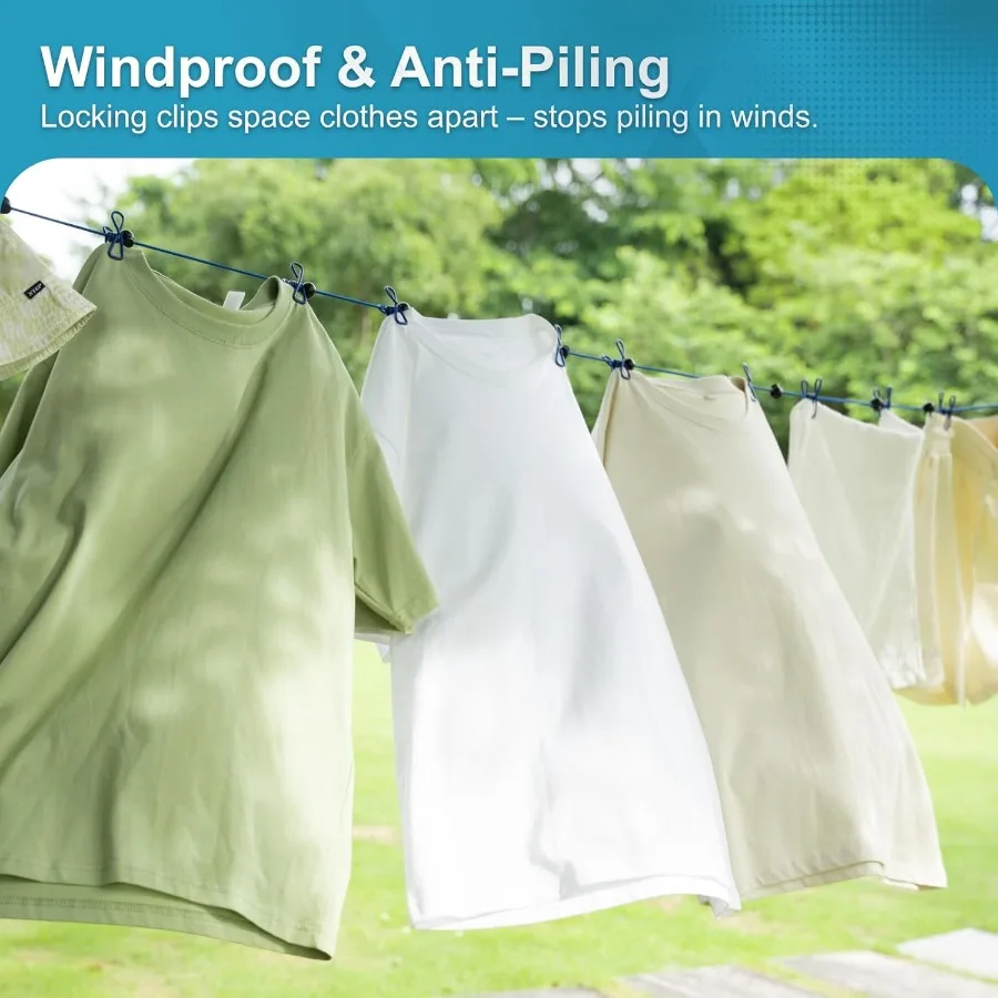 عبوتان من حبل الغسيل المحمول للتخييم للسفر مع 12 مشبكًا، مجموعة حبل غسيل قابلة للسحب مقاومة للرياح باللون الأزرق للتخييم في رحلة المنزل #6