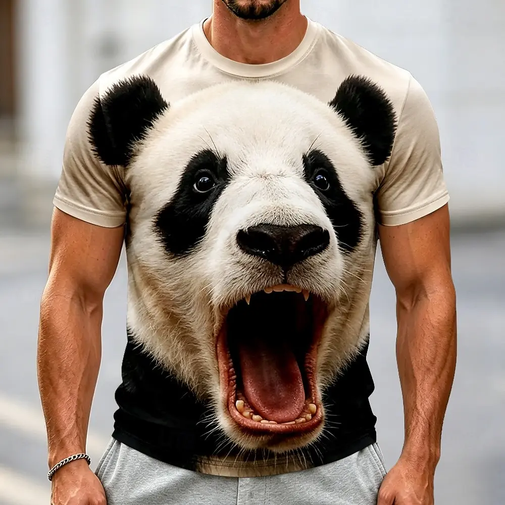 Men's 3D Animal Panda Open Mouth Screaming Print T-shirt Funny Short Sleeve t shirt Fashion Casual Crew Neck Top Summer Clothing