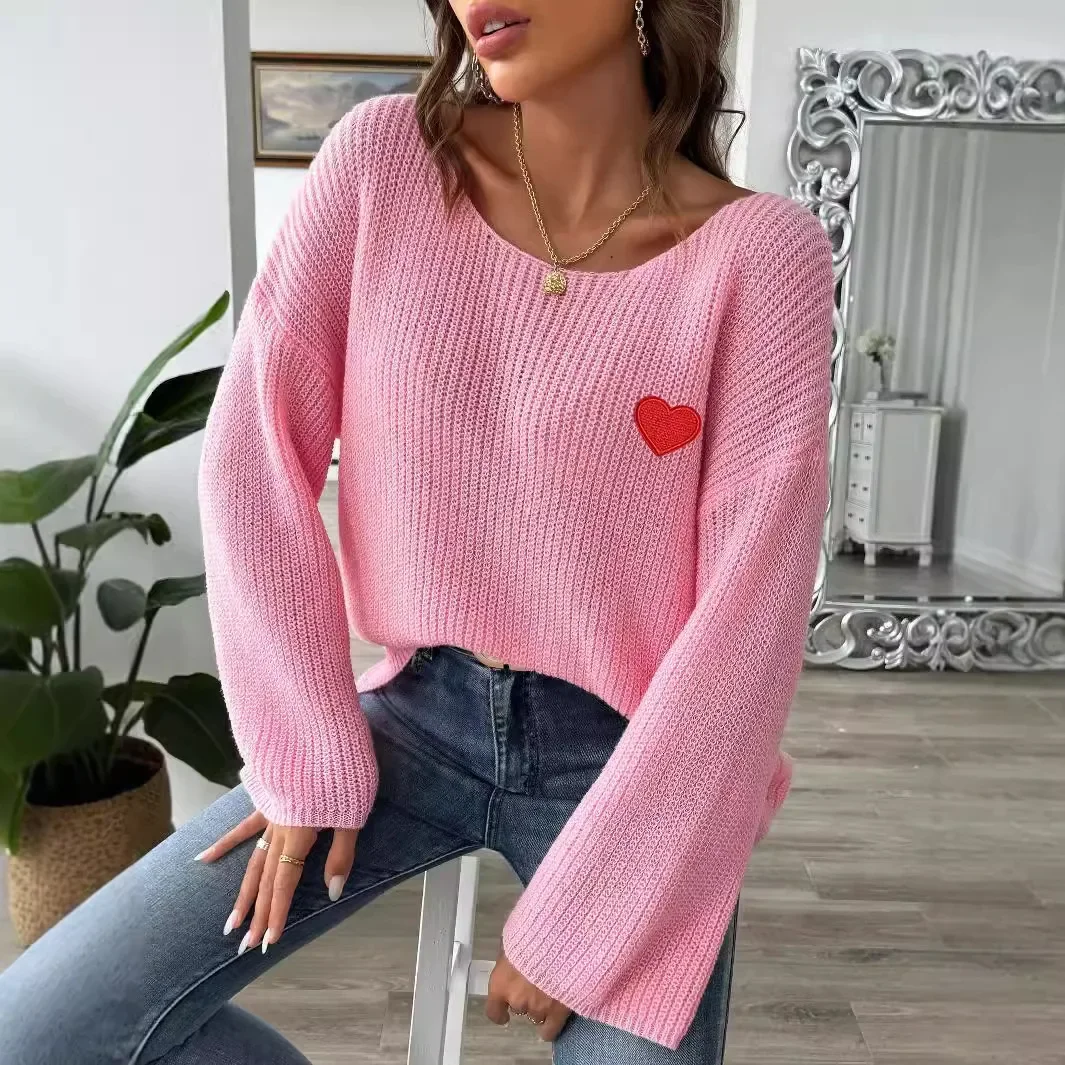 Women's Sweater Single Collar Off Shoulder Flared Sleeves Embroidered Heart-shaped Pullover M