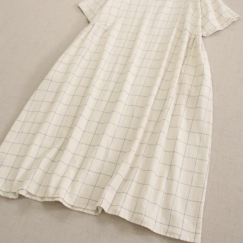 Japanese Vintage Mori Girl Plaid Double Layer Cotton Yarn Dress Women Summer New O-Neck Short Sleeve Casual Loose Midi Dresses