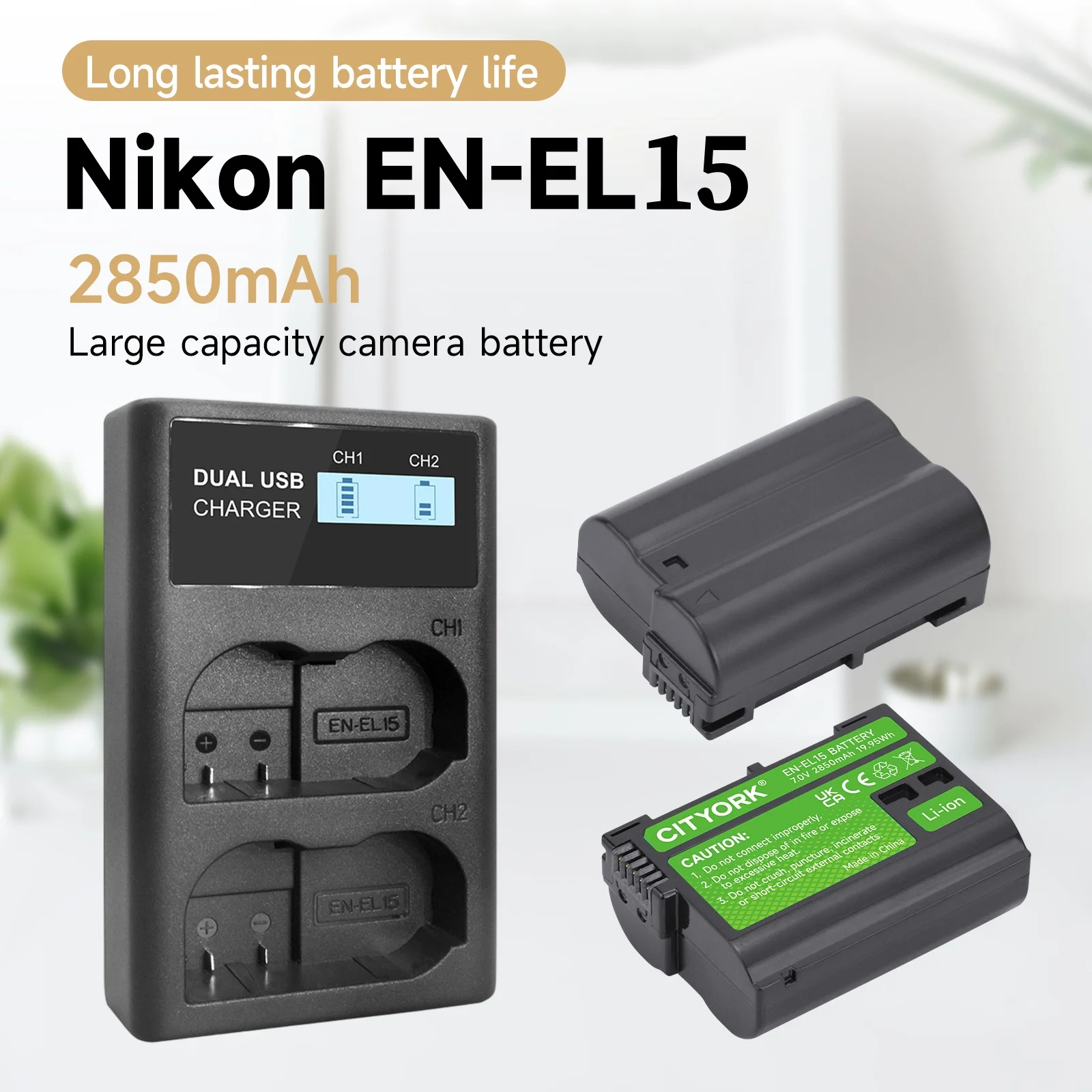 2850mAh EN-EL15 Battery For Nikon D500 D600 D610 D7000 810A P520 800E 7500 530 7200 7100 7500，For Micro single cameraZ6 Z7 V1
