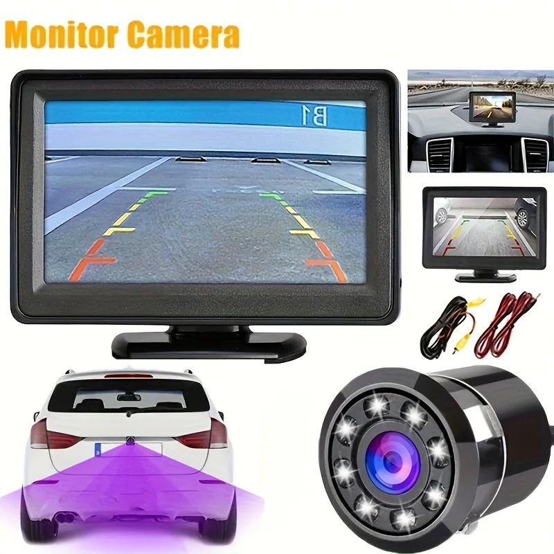 4.3inch Monitor Backup Camera Kit with Wide Angle Lens-8 LED Lights, Reversing Rearview System for Cars,Trucks,SUVs,Campers,Vans