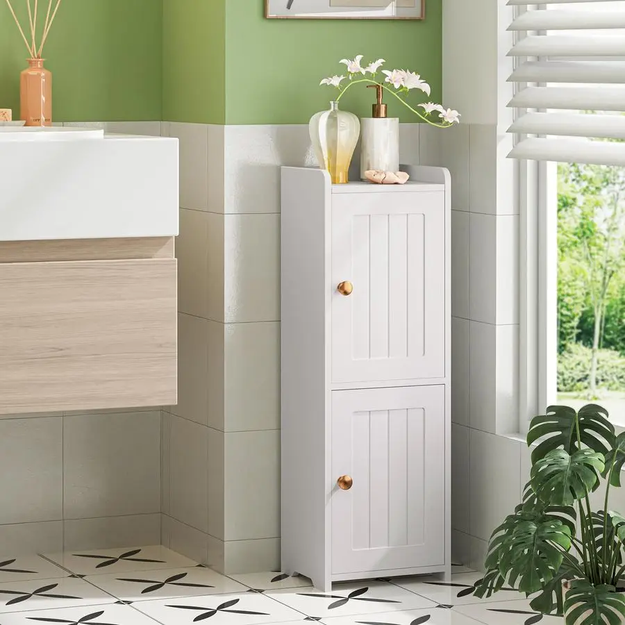 

Шкаф для хранения в ванной комнате, маленький шкаф для ванной с 2 дверцами и регулируемой полкой, узкий шкаф для туалетной бумаги для небольших помещений, W