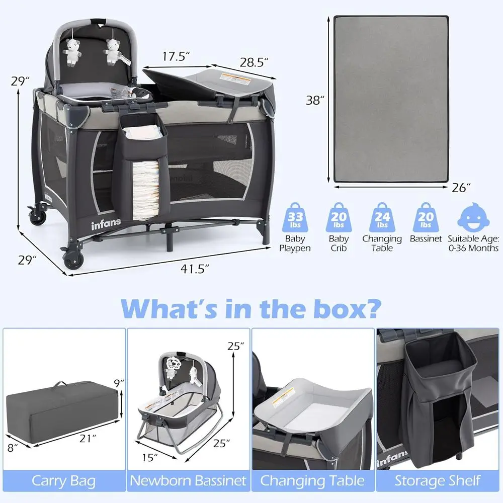Box portatile per bambini con culla, fasciatoio, materasso e contenitore - Centro nido da viaggio