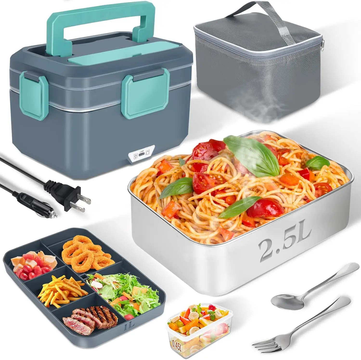

3.5L Electric Lunch Box Heated for Adults, Dual Layer (304 SS & PP), 90W, Portable for Work/Car/Truck