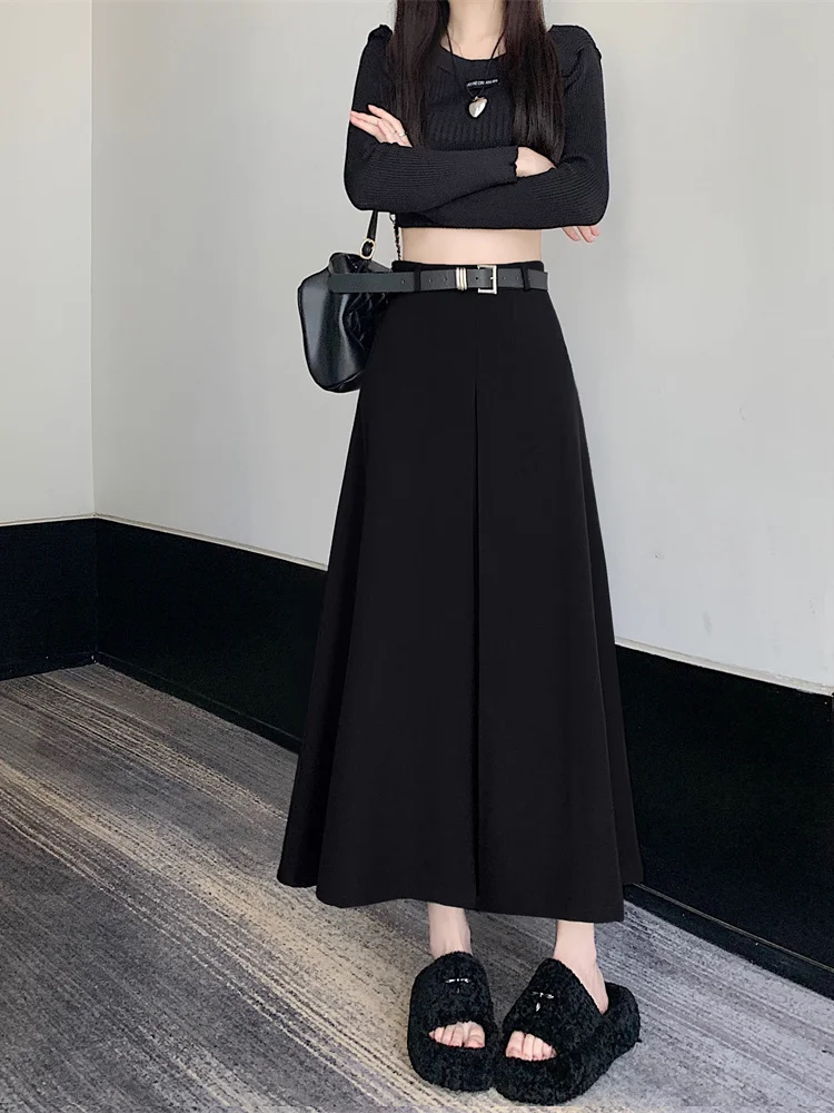 High Waist A-Line Long Skirt with Belt Women's Suiting Skirt Spring Autumn plus Size Slimming Hip Covering Korean Style