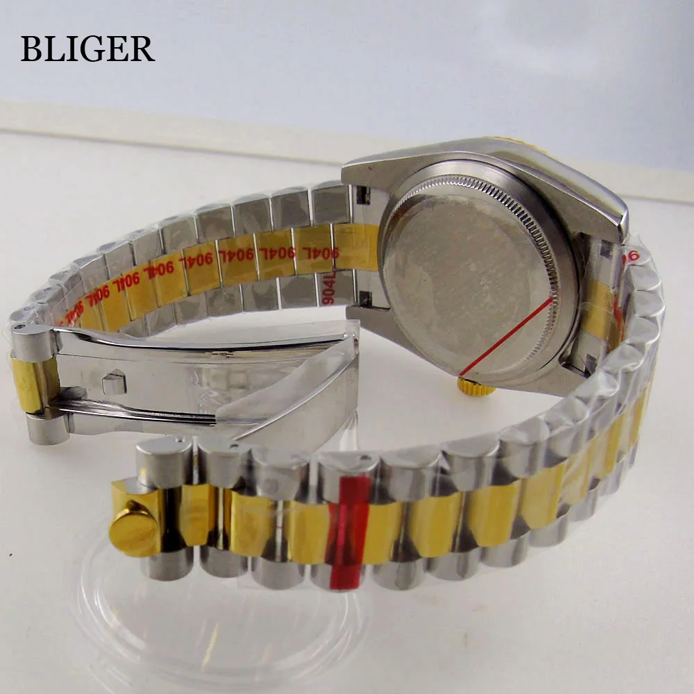 Imagem -02 - Bliger 36 mm 39 mm Dois Tons Rosa Case Relógio de Ouro Fluted Bezel Caber Nh35a Nh36a Pt5000 Miyota 8215 Aço Pulseira de Vidro de Safira