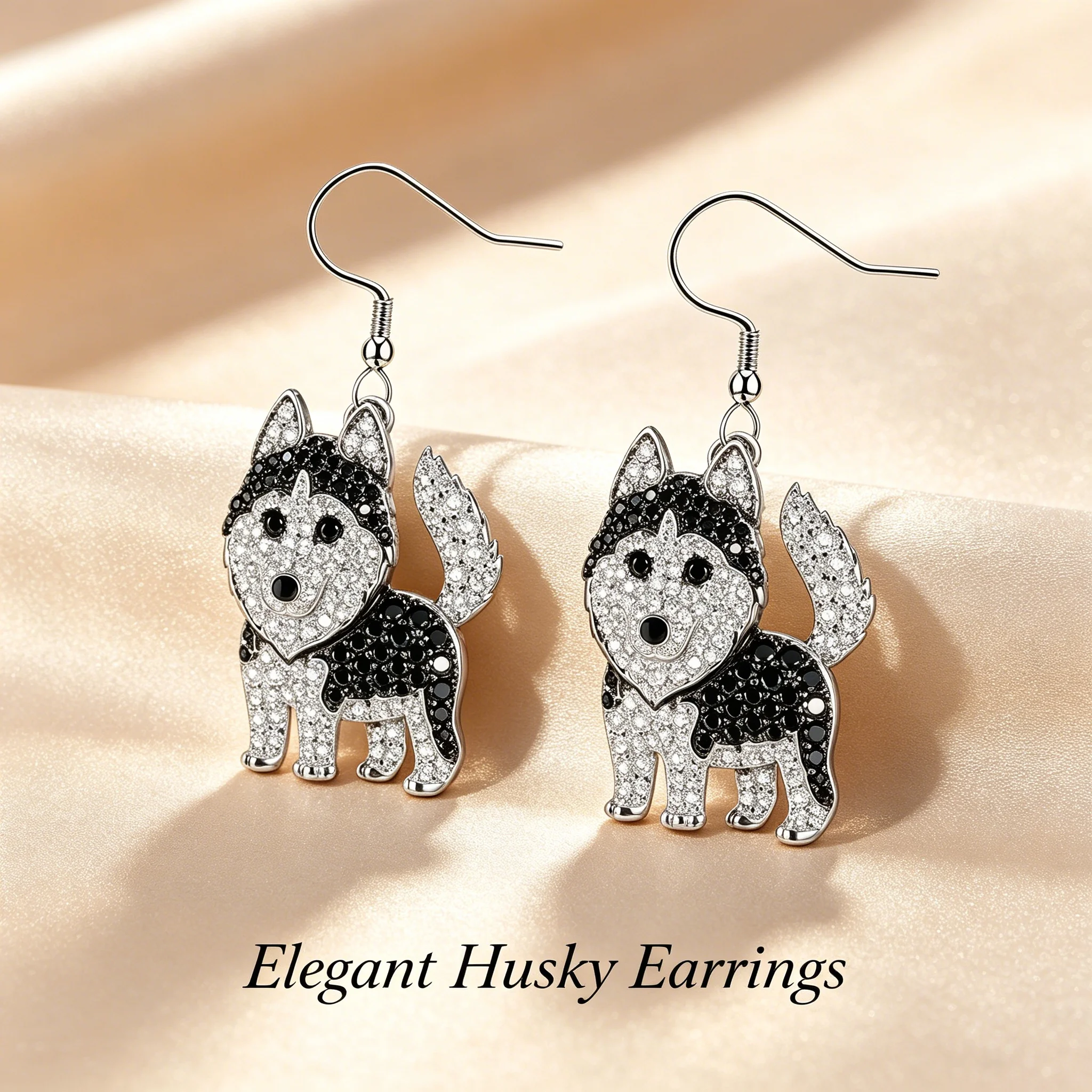 Cute Husky Dangle Earrings, Black & White Sparkling Accents Dog Lover Jewelry Gift for Women & Girls