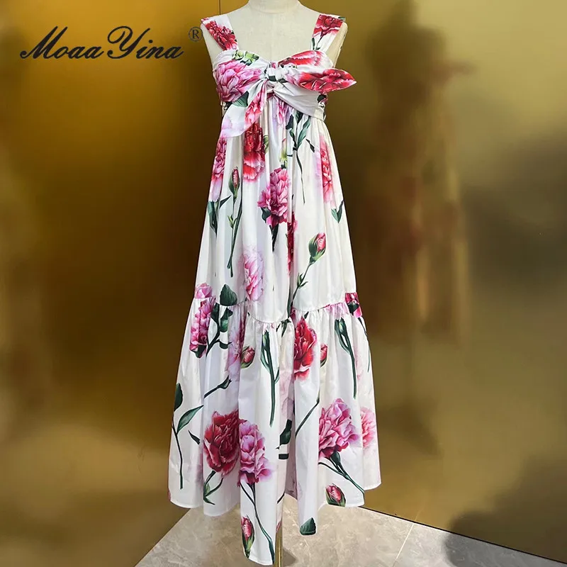 

MoaaYina Summer Fashion Runway Elegant Floral Print Dress Women Square Collar Bow Elastic Waist Ruffles Spliced Sling Long Dress