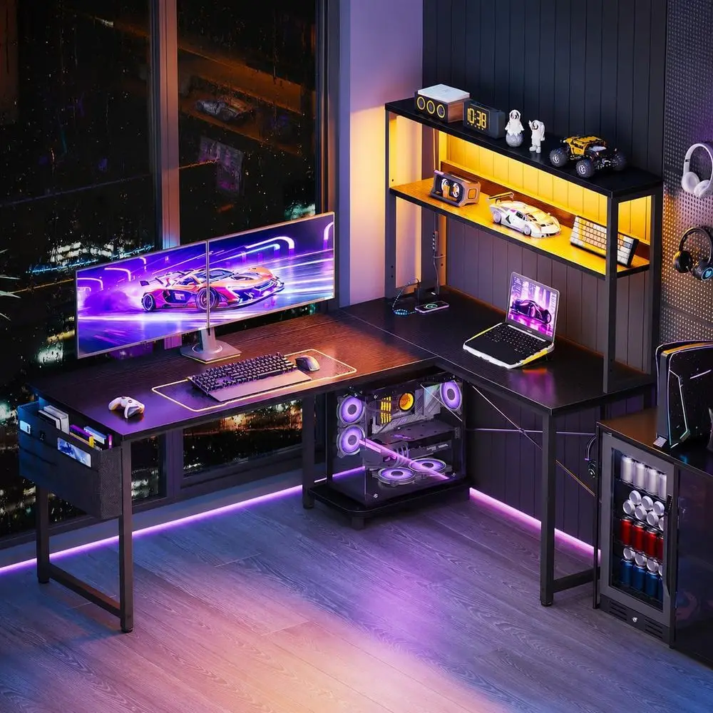 53 Inch L Shaped Gaming Desk with LED Lighting, Reversible Desk with Power Outlets, Corner Computer Table with Storage Shelves &