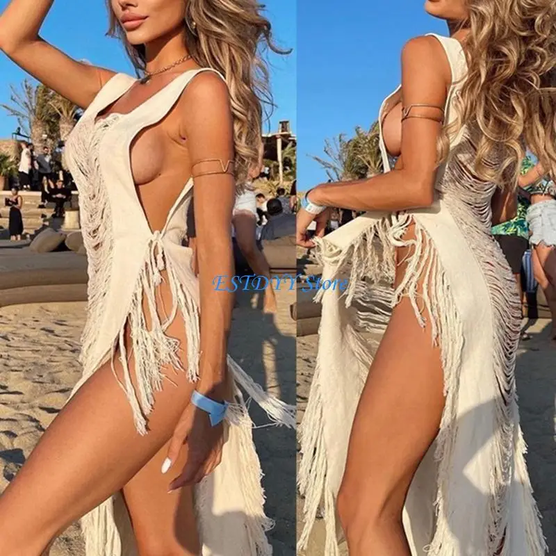 G6DE Women Sexy Sleeveless Tassels High Slit Hollow Out Casual Beach Long Dress