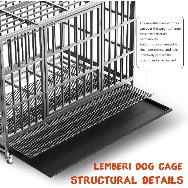 LEMBERI 48/38 inch Heavy Duty Indestructible Dog Crate, Escape Proof Dog Cage Kennel with Lockable Wheels