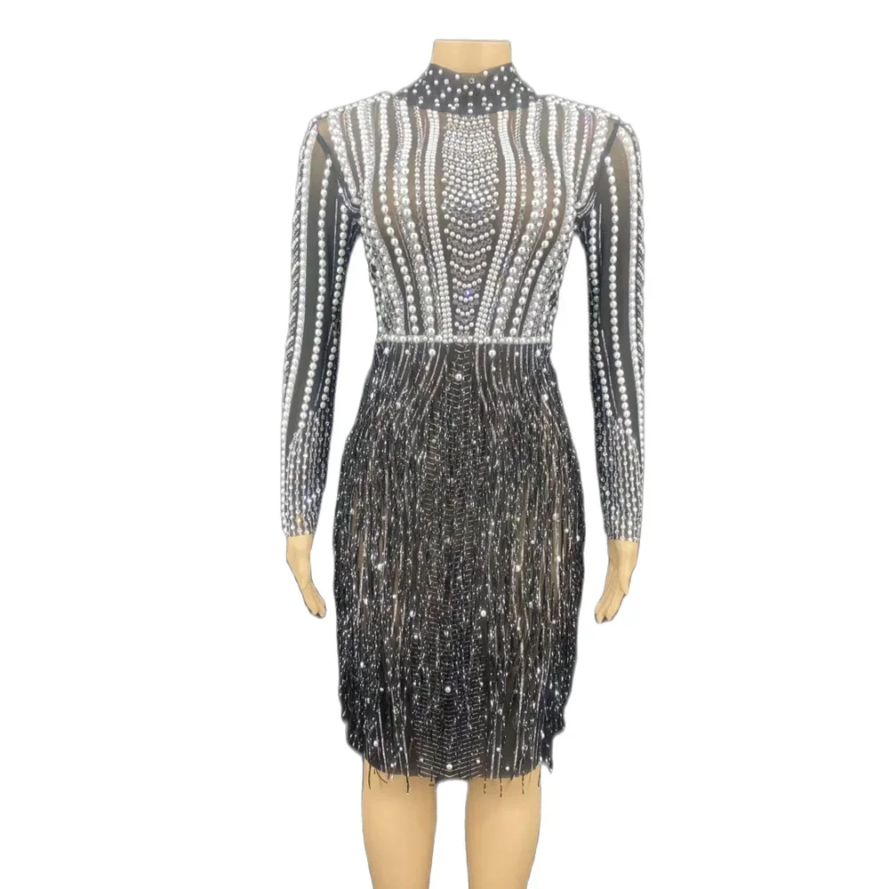 

Sexy Black Mesh Tassel Nightclub Dress Women Stage Wear Evening Party Outfit Professional Competition