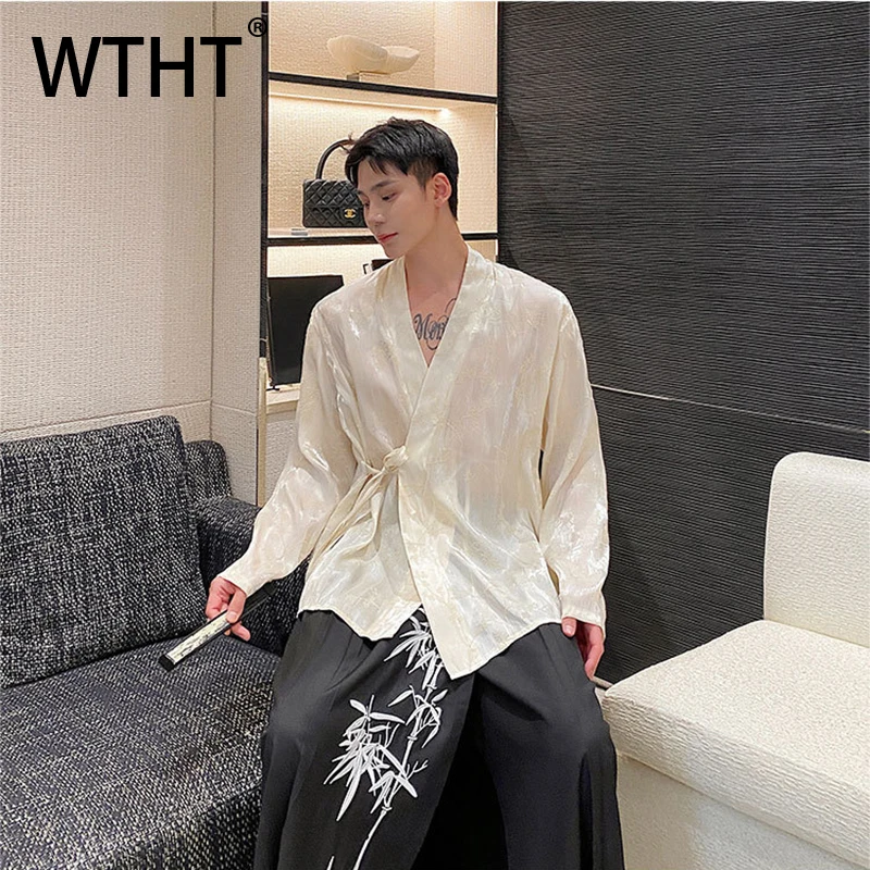 

WTHT Fashion Men's Print Slanted Placket Bandage Design Shirts Trendy Chinese Style Long Sleeves Tops Male 2025 Summer 2A1268