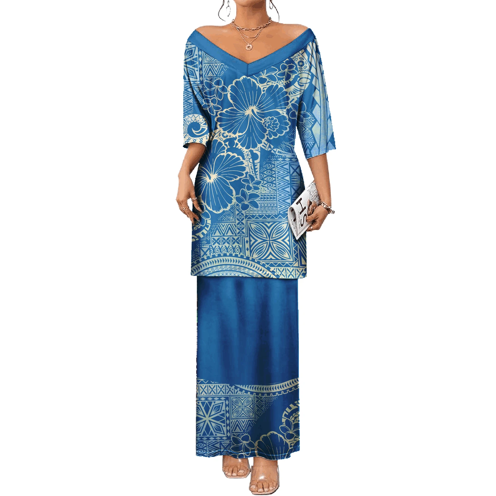 Party Prom Ladies Elegant Fashion Puletasi Island Dress Polynesian Women's Big V-Neck Midi Sleeve Tribal Design Samoan Puletasi