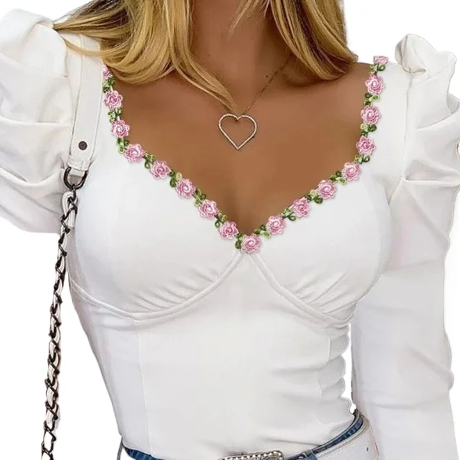

Women's Fashion Floral Pattern Puff Sleeve Top Casual Sexy Female Clothing T-Shirts Pullover New 2024 Spring Ladies Tops Blouse