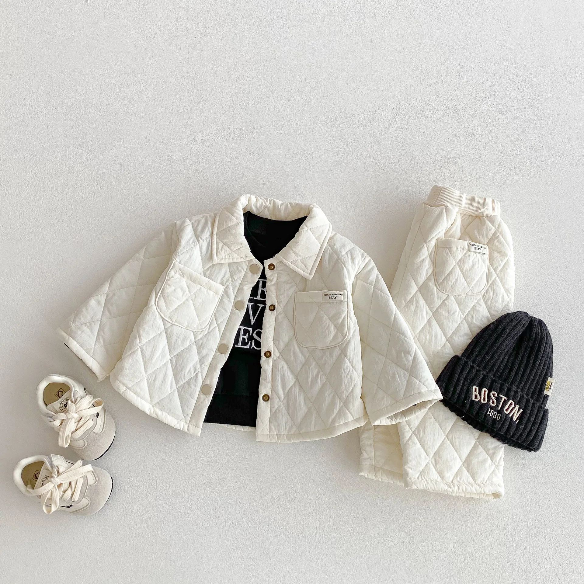 2026 Winter Korean Vintage Embossed Padded Windproof Coat Set | Unisex Kids 2PCS Outfit Toddler 1-5Y
