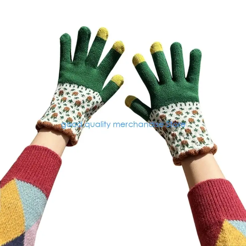 

Y5JD Женские вязаные зимние перчатки с цветочным узором ветрозащитная одежда для езды на велосипеде
