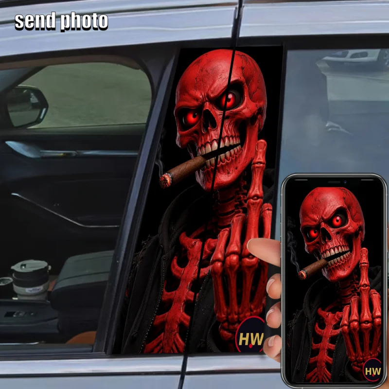 2 pieces of Red Skeleton Smoking Cigar and Middle Finger Car Stickers and Decorative Decals, High-Definition Printed PVC B-Pilla