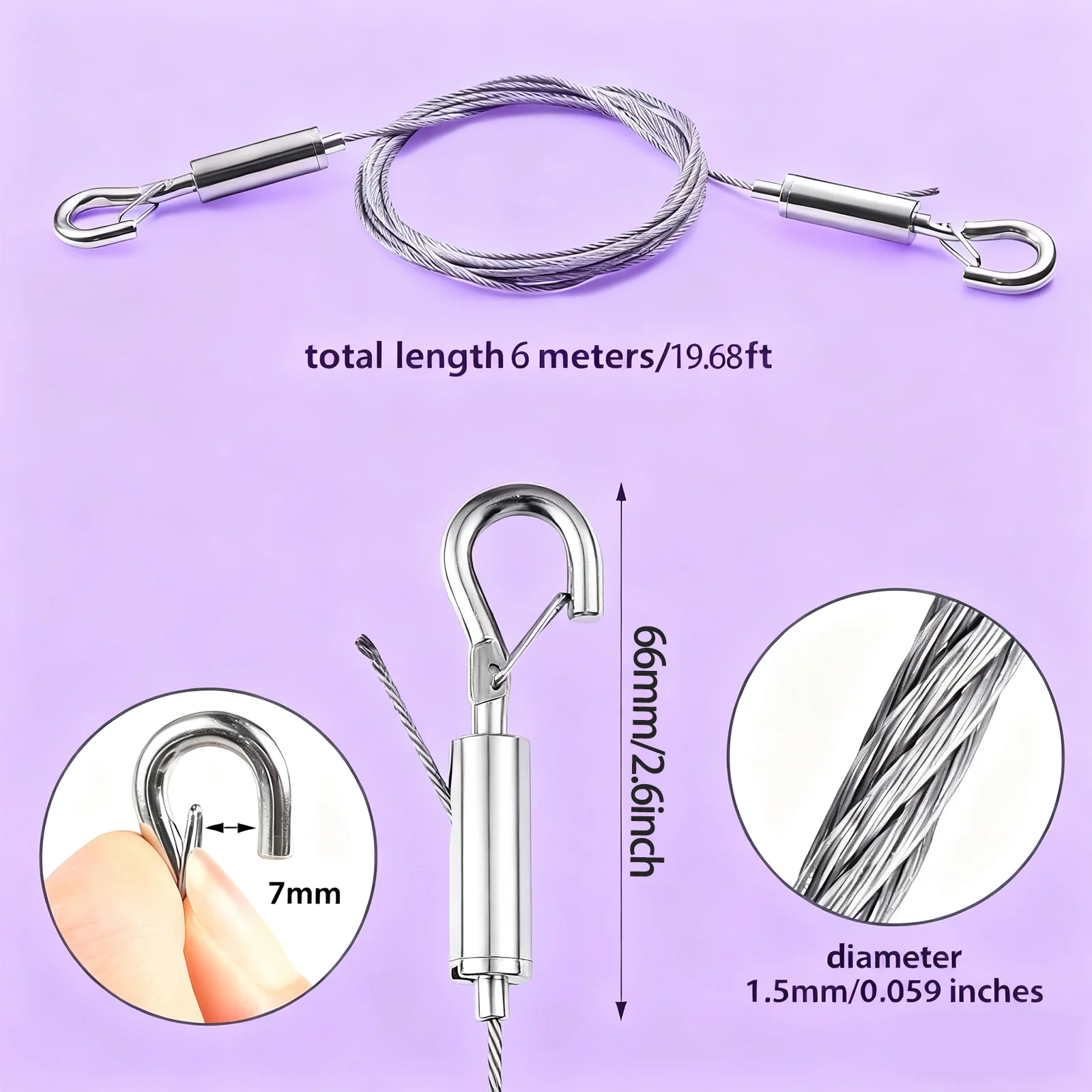 حبل سلكي من الفولاذ المقاوم للصدأ مع خطافات قابلة للتعديل، حبل من الفولاذ المقاوم للصدأ عالي التحمل بطول 6 أمتار × 1.5 مم لتعليق الصور، يحمل ما يصل إلى 40 رطلًا #2