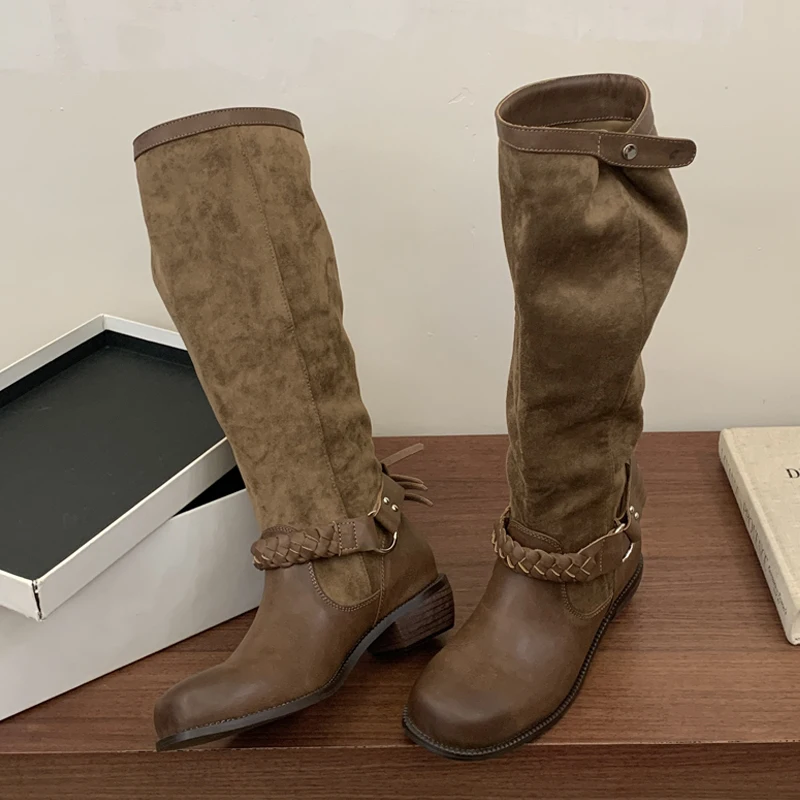 Eilyken  2027 Autumn Winter Design Weave Belt Buckle Women Knee-High Boots Fashion Retro Round Toe Square Low Heels Shoes