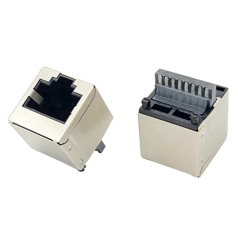 RJ45 socket 5224 8P8C with shielding cover, square soldered type. RJ45 connector for network port, female connector with 8 pins