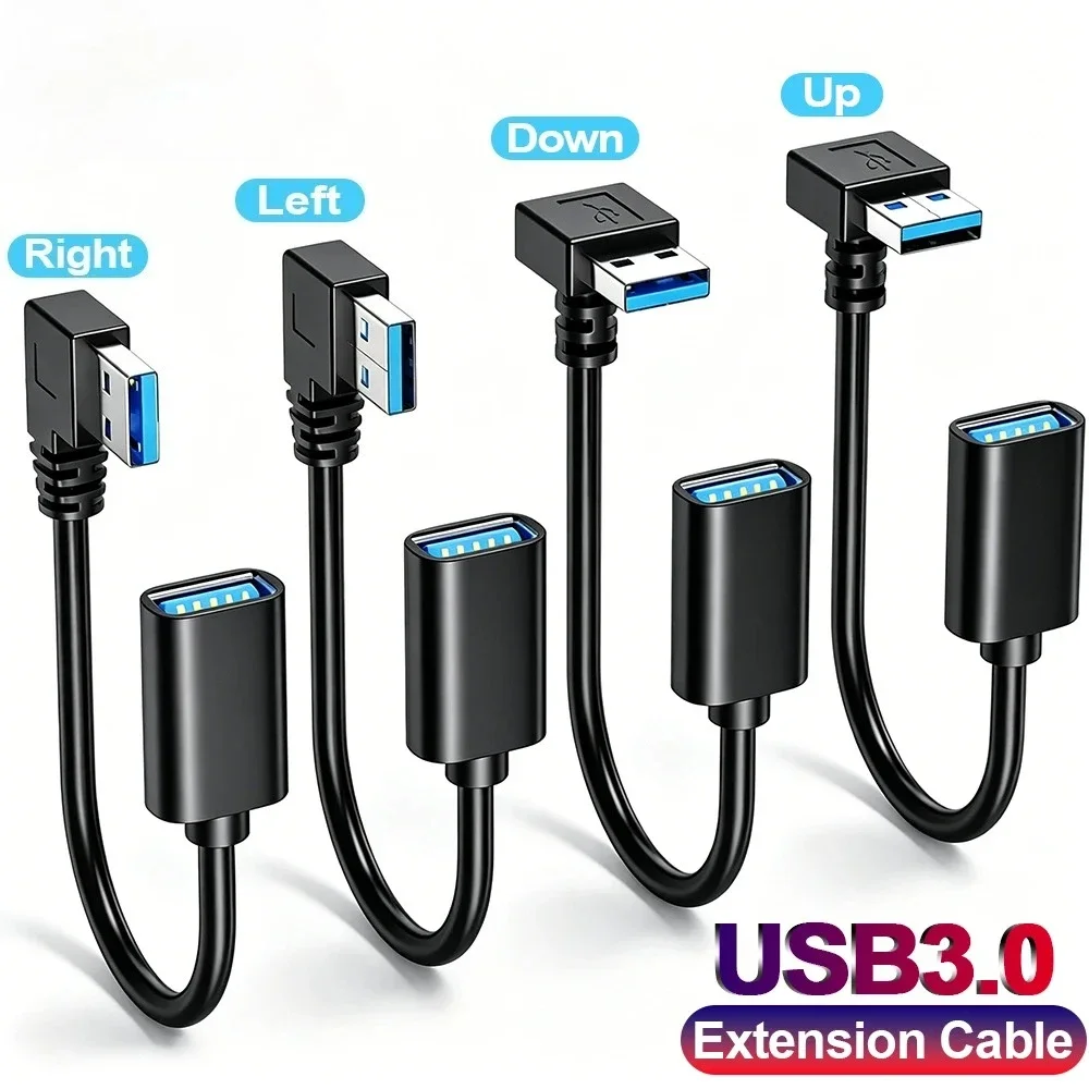 USB 3.0 Male To Female Extension Cable 90 Degree Bend Portable USB3.0 Extended Line Support Data Transfer Cord for Laptop PC