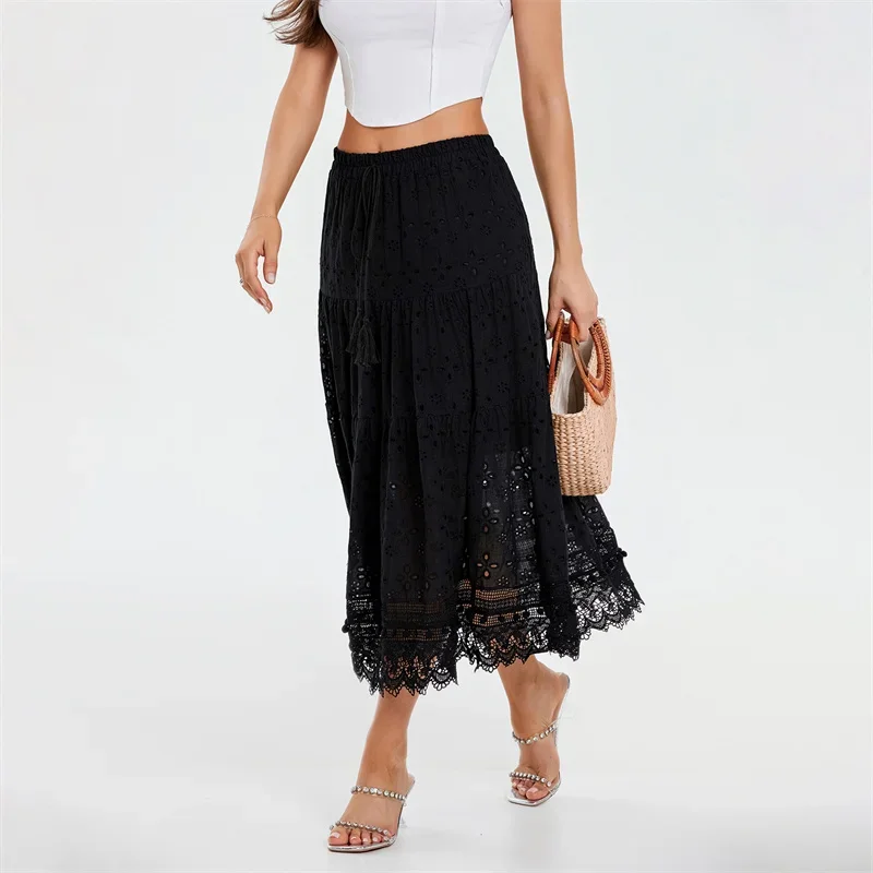 

2024 Bohemian Skirts for Women Summer Hollow Out High Waist A Line Long Skirts Elegant Lace Party Skirts Fashion Beachwear