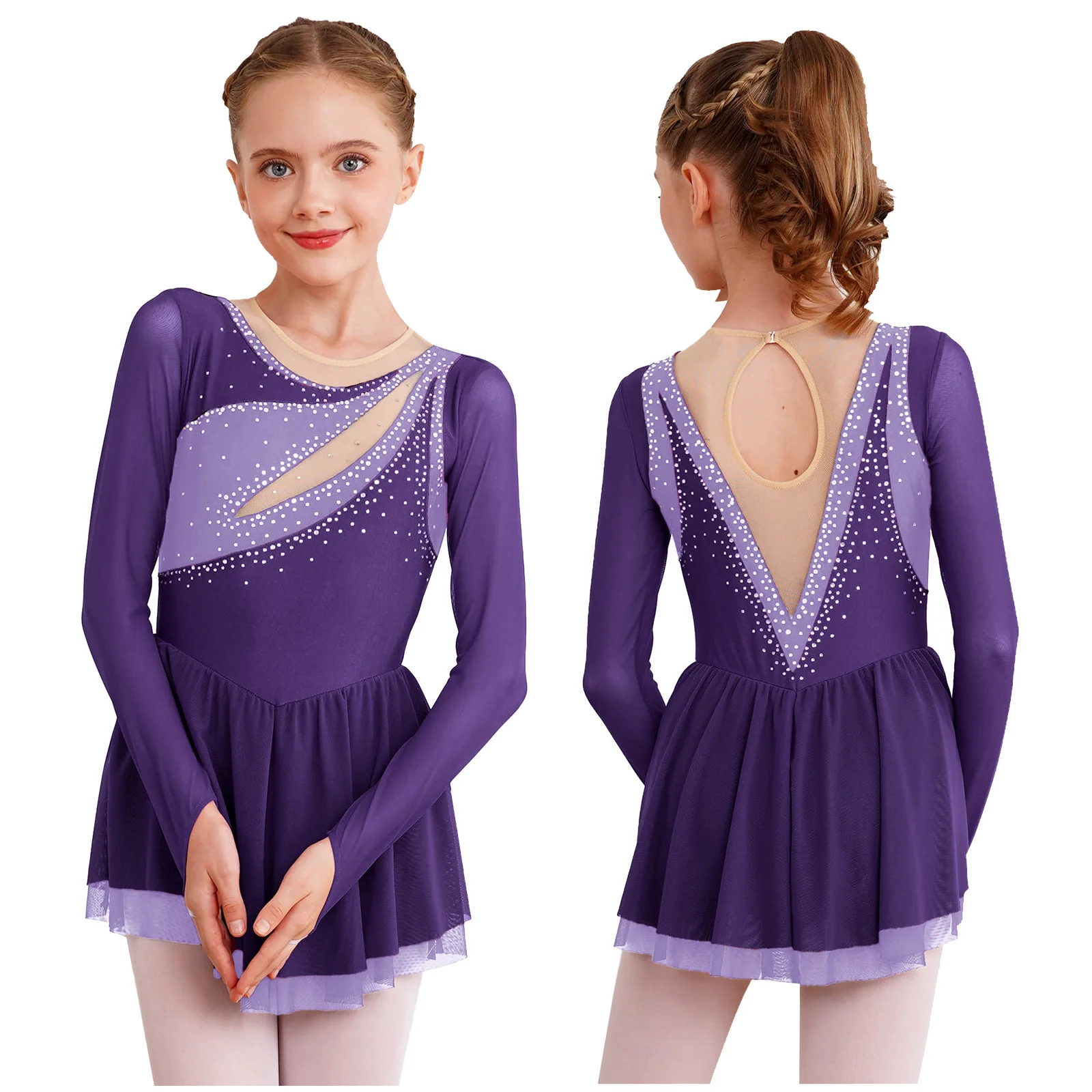 

Kids Girls Gymnastic Figure Ice Skating Dress Rhinestone Mesh Tulle Splice Leotard Dress Ballerina Tutu Dance Clothes Dancewear