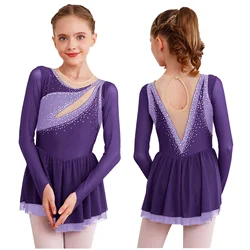 Kids Girls Gymnastic Figure Ice Skating Dress Rhinestone Mesh Tulle Splice Leotard Dress Ballerina Tutu Dance Clothes Dancewear