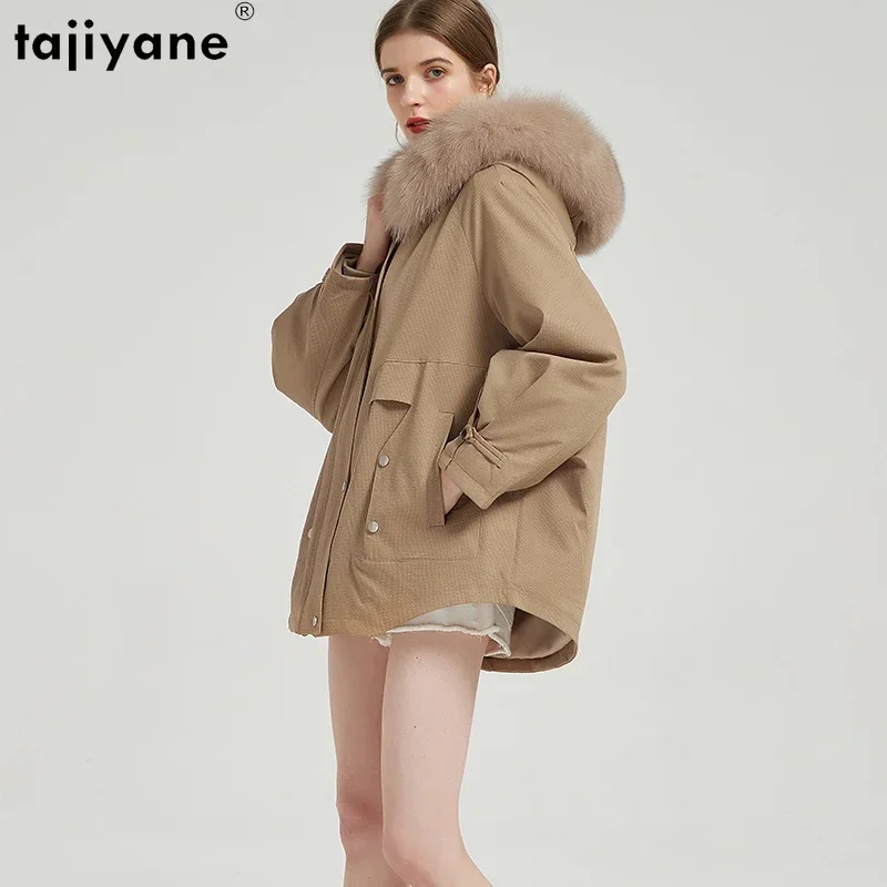 

Real Tajiyane Fur Parkas Womens Detachable Rex Rabbit Liner Coat for Women Winter Mid-length Jacket Hooded Fox Collar