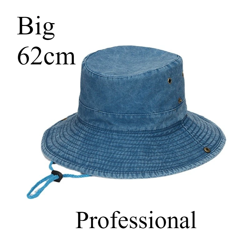 62cm Big Size Cotton Bucket Hat Men Hiking Fishing Safari  Hat Outdoor Sun Protection Fisherman Hat with Chin String Fits