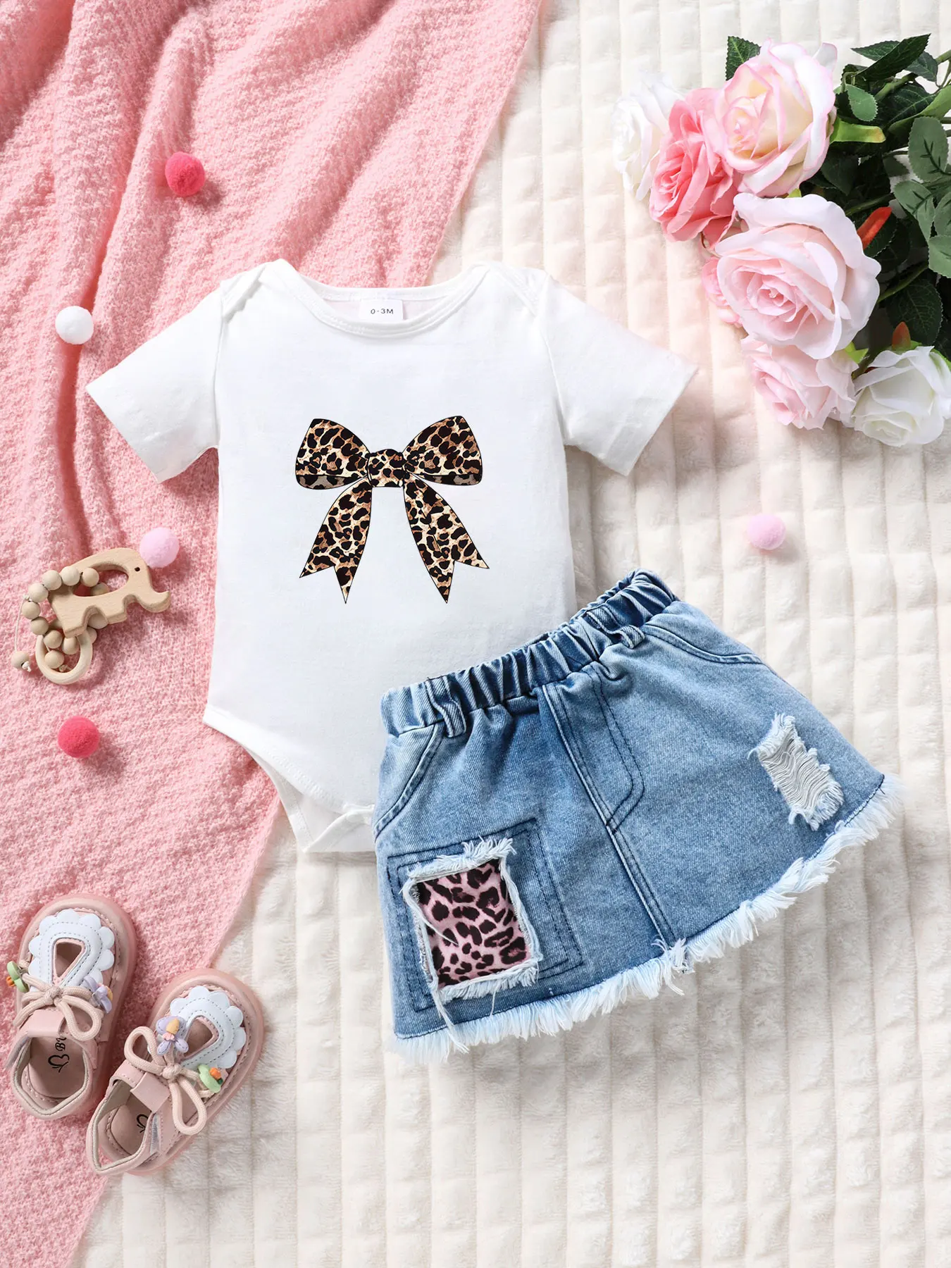 Baby Girl Summer New Leopard Print Bowtie Short Sleeve Romper + Leopard Denim Skirt Two-Piece Set Infant Outfit