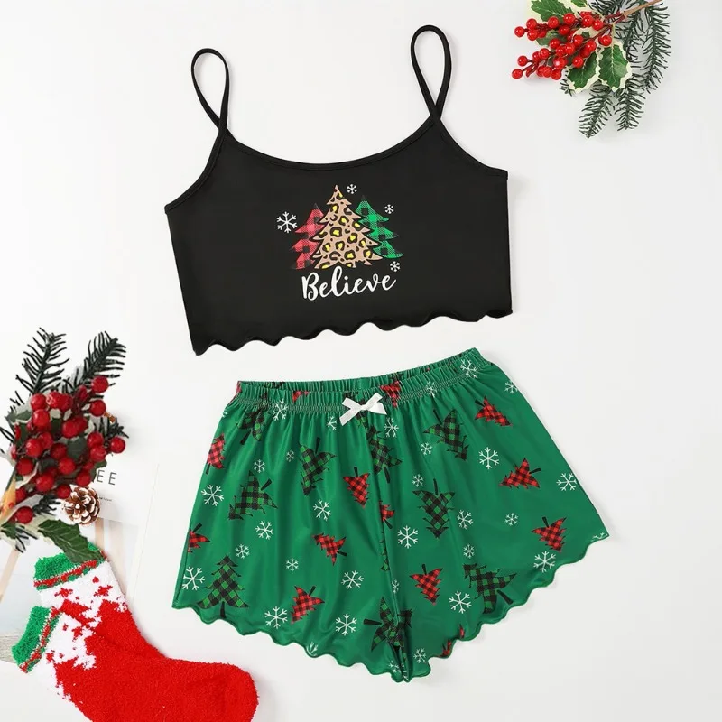 Sexy Female Christmas Pajamas, Sling Tank Top, Shorts, Snowflake Deer Loungewear Two-piece Set Pajamas for Women